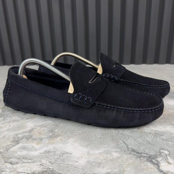 Louis Vuitton Shade Damier Embossed Driving Moccasin Blue Suede 8 LV 9 US 42 EUR - Picture 7 of 17